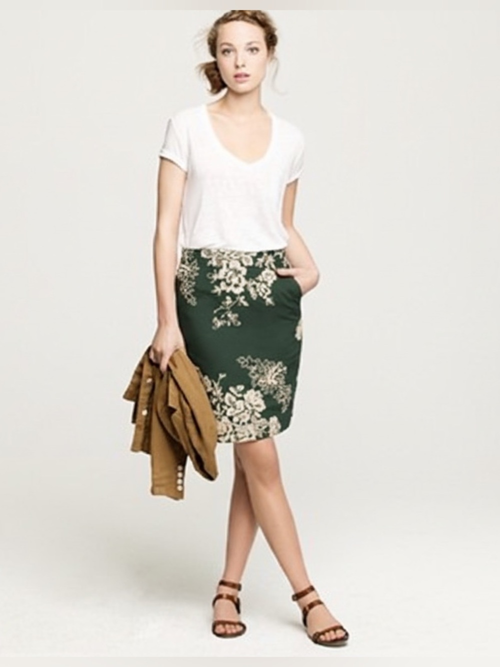 J. Crew Dark Green Mirabel Pencil Skirt with Cream Floral Embroidery Sz4